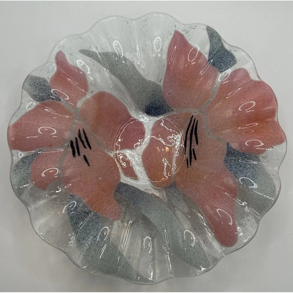 SYDENSTRICKER Fused Glass Fluted Small Bowl Pink Flowers Small Candy Dish‎ VTG